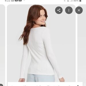 White Long Sleeve Top Ribbed Scooped Neck Large.